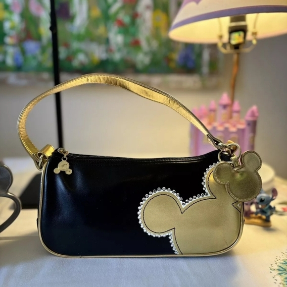 Disney Mickey Minnie Black Gold Faux Leather Shoulder Bag - Picture 3 of 12